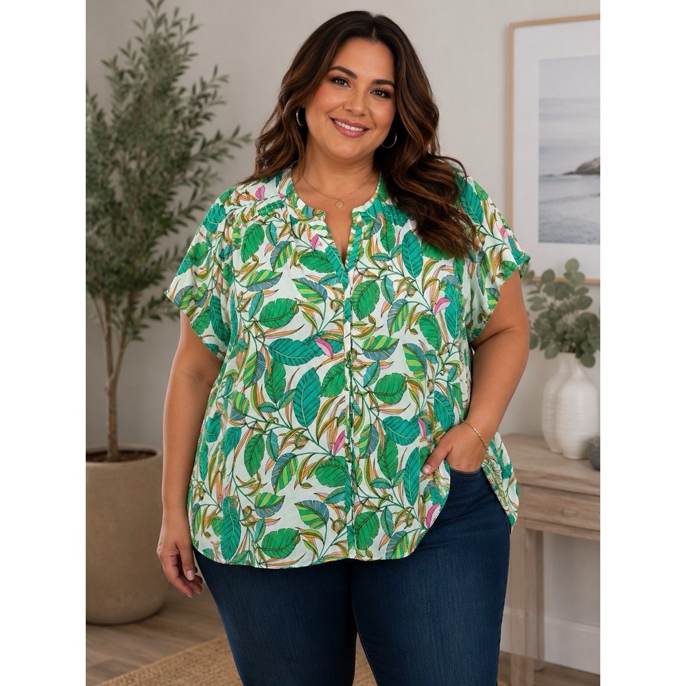 ROSE & OLIVE NWT 3X Button Up Floral Blouse Smocked Neck -2688